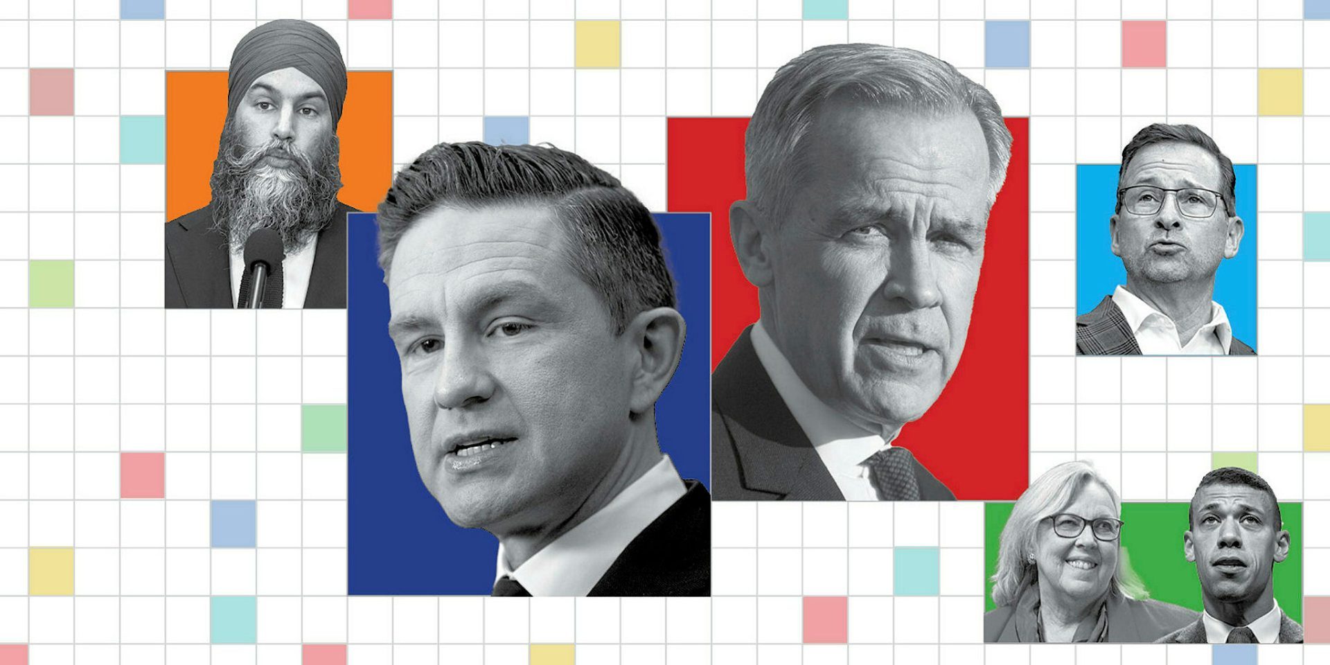 Jagmeet Singh, Pierre Poilievre, Mark Carney, Yves-François Blanchet, Elizabeth May, and Jonathan Pedneault. The Hill Times photographs by Andrew Meade and illustration by Joey Sabourin